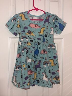 Girls' Teal Dinosaur & Unicorn Print Dress